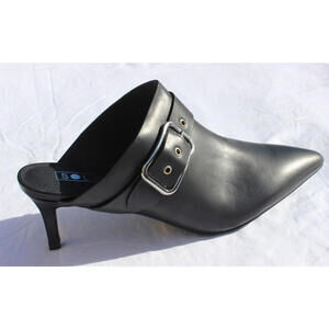 NEW SOL SANA RIVER 2.5" WRAPPED KITTEN HEEL BLACK LEATHER MULES BUCKLE ACCENT